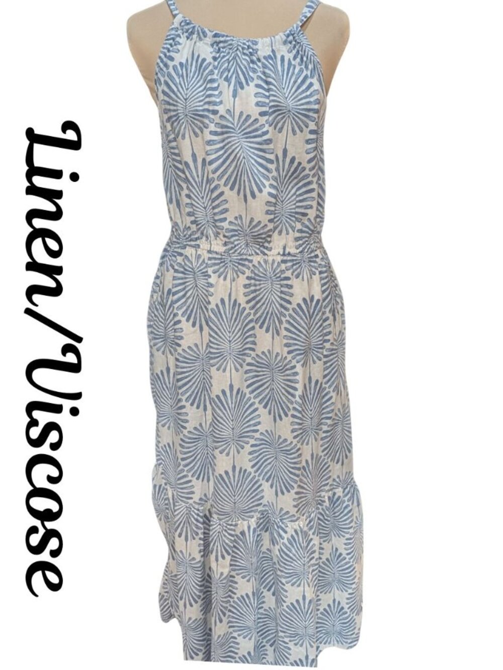 Joie Blue Tropical Print Linen Viscose Halter Maxi Dress